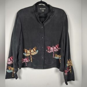 Citron - Silk Black Dragonfly Embroidered Women's Top Size Medium